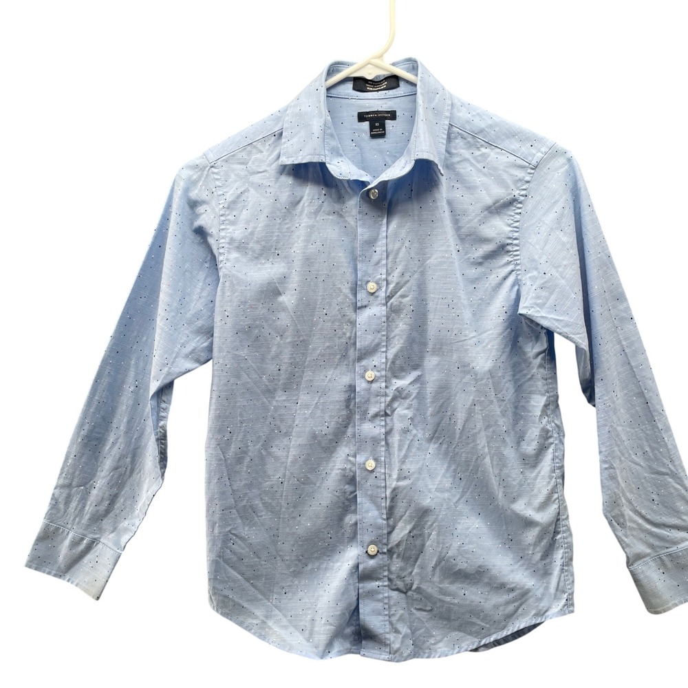 Tommy Hilfiger Boys Size 10 Long Sleeve Dress Shirt Light Blue Dot Print